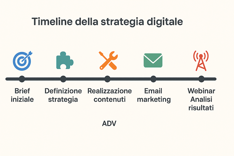 Schema step strategia digitale per Parent Coacing: brief iniziale; definizione strategia; realizzazione contenuti; email markentig; webinar e analisi risultati