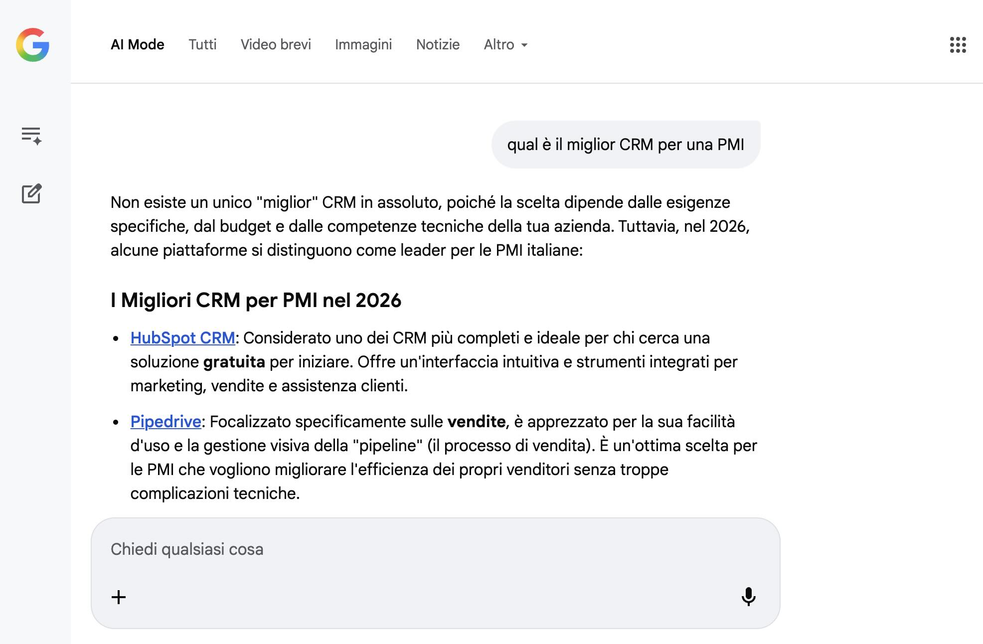 schermata AI Mode per approfondire una ricerca